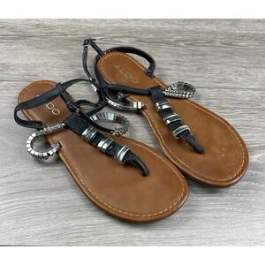 Aldo Women's Flat Thong Sandals Embellished‎ Black Size 9